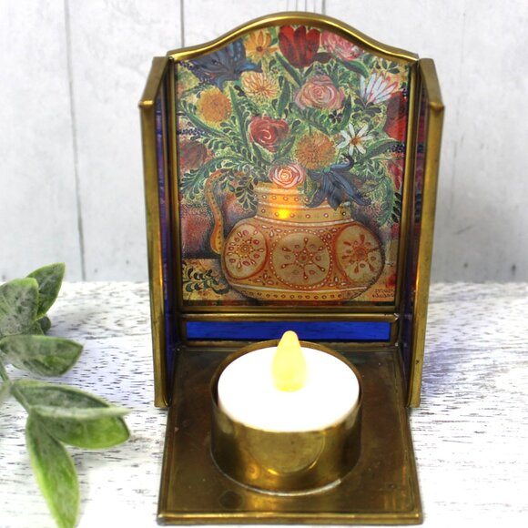 Vintage Enesco 3-Sided Tea Light Candle Holder Brass Cobalt Blue Stained Glass - Picture 1 of 11